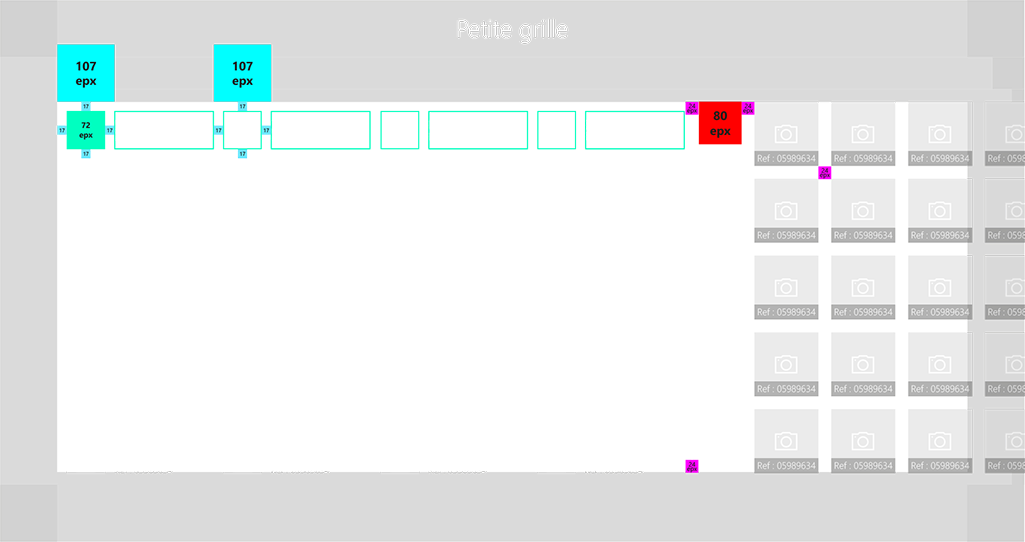 Petite grille produits Détails et spec. de la page produits de l'application IMA Éditor Group, User Interface Design par kero