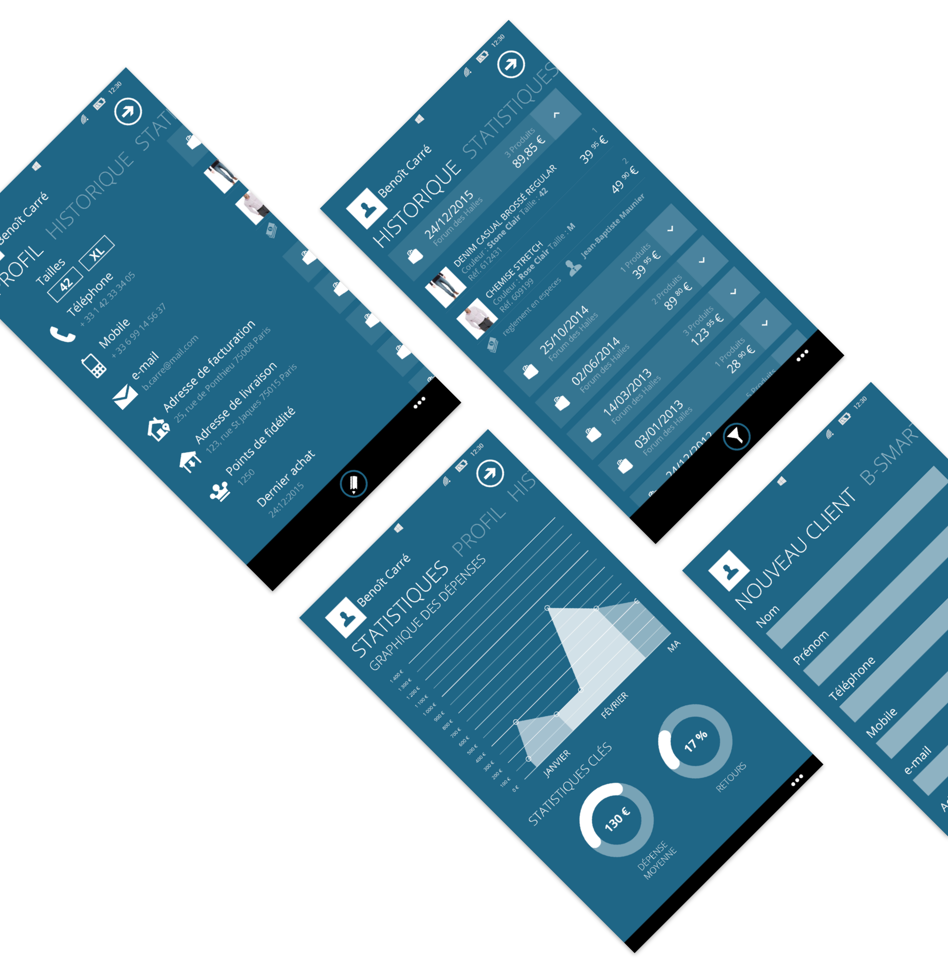 Profil client, Historique des commandes, States de l'application métier Aide à la vente & Caisse mobile User Interface Design par kero