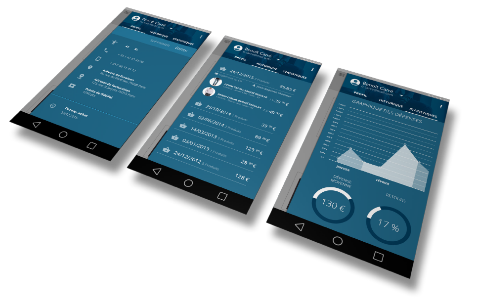 Profil client, historique des commandes, states, version Android de l'application métier Aide à la vente & Caisse mobile User Interface Design par kero 